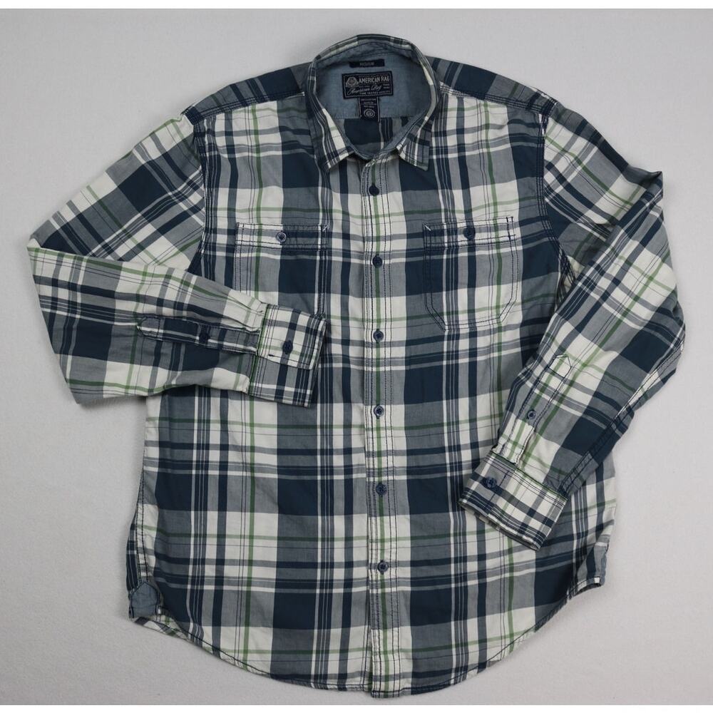 American Rag Men's Medium Plaid Long Sleeve Button Up Shirt Green Gray Cotton